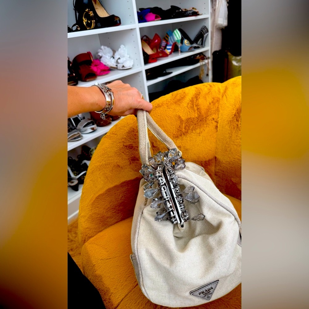 Prada Cream and Silver Tote Bag with Metallic Accents